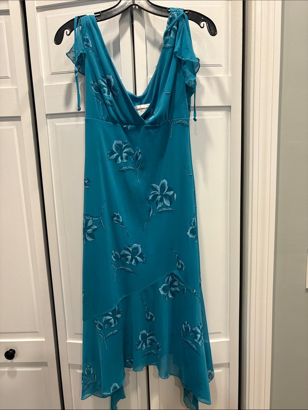 Teal Floral High-Low V-Neck Dress with Shoulder Ties